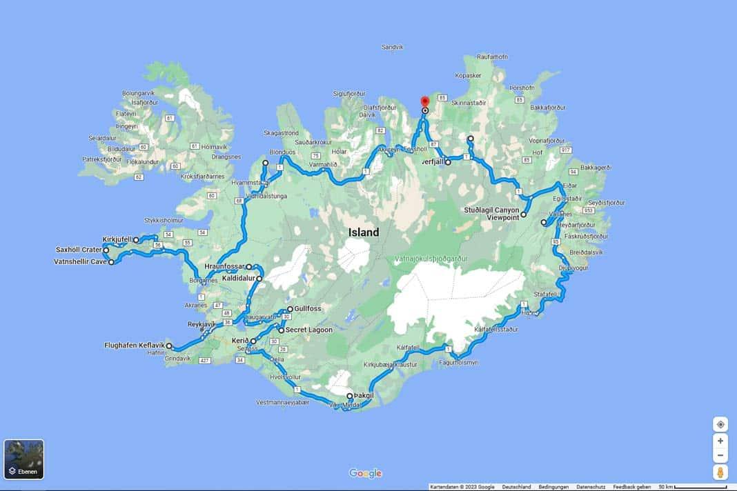 Mapa com 14 dias de viagem na Islândia