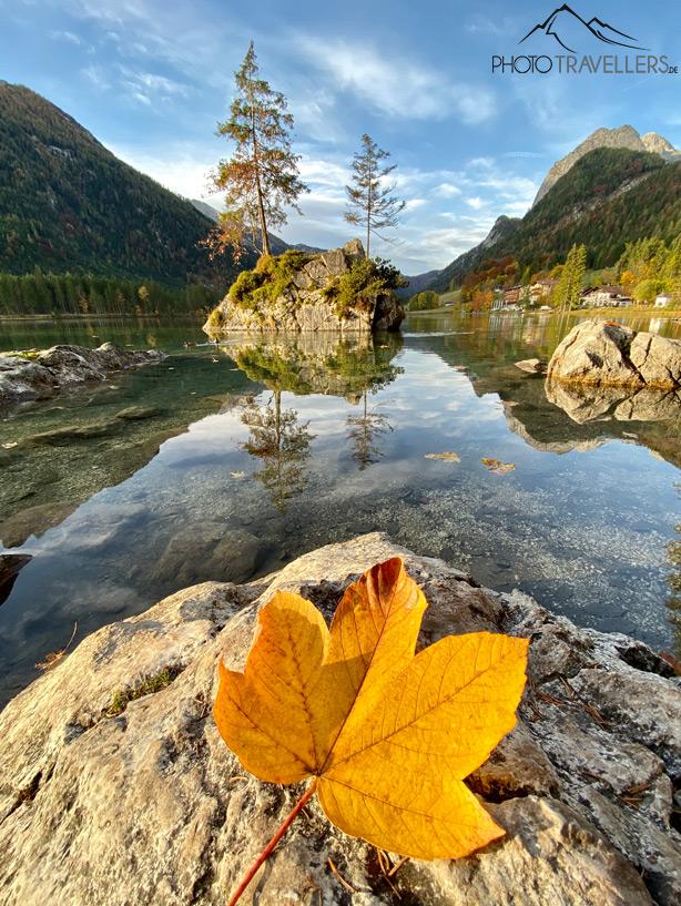 Une grande feuille jaune sur un rocher, derrière un lac de montagne avec un gros rocher dans l'eau