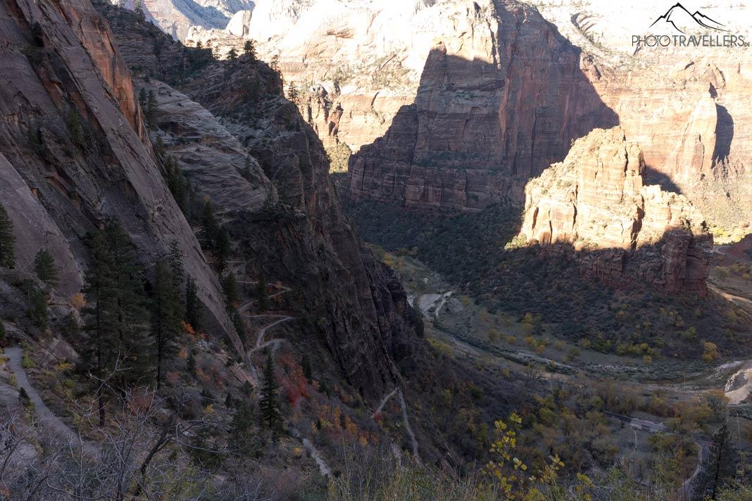 Vue de haut sur les lacets du sentier East Rim dans le parc national de Zion