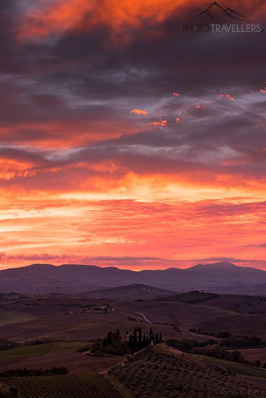La vue le matin depuis le Podere Belvedere sur les collines de Toscane