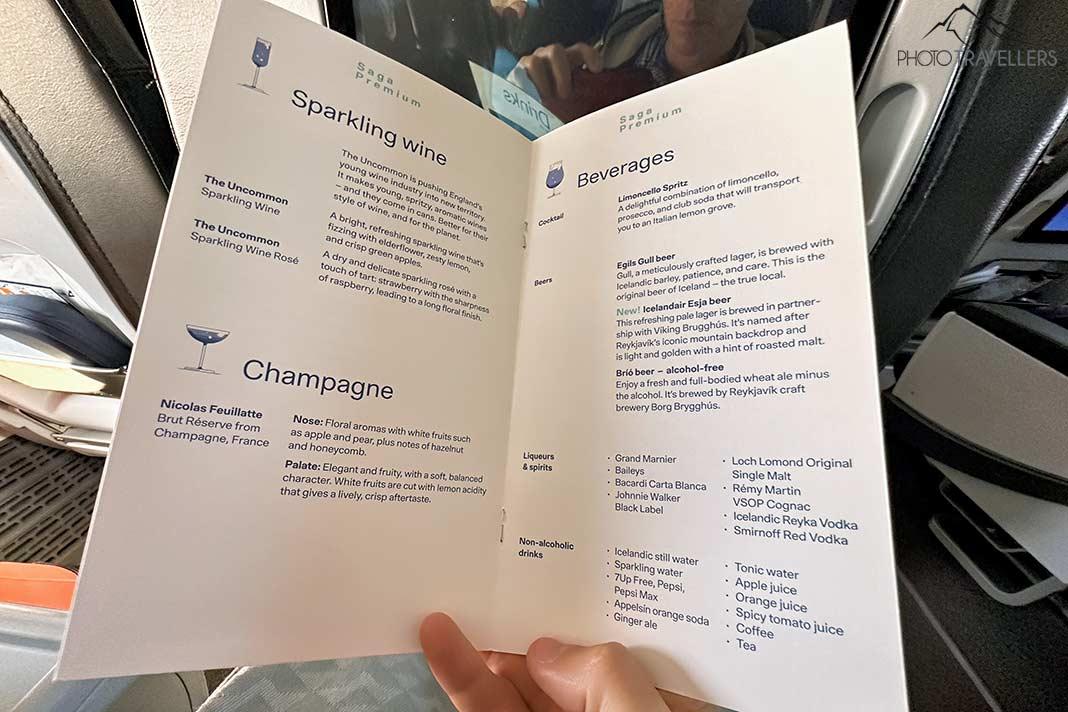 La carte des boissons en classe Saga d'Icelandair