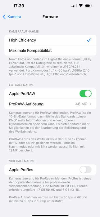 La configuración Apple ProRaw en los ajustes de la cámara del iPhone