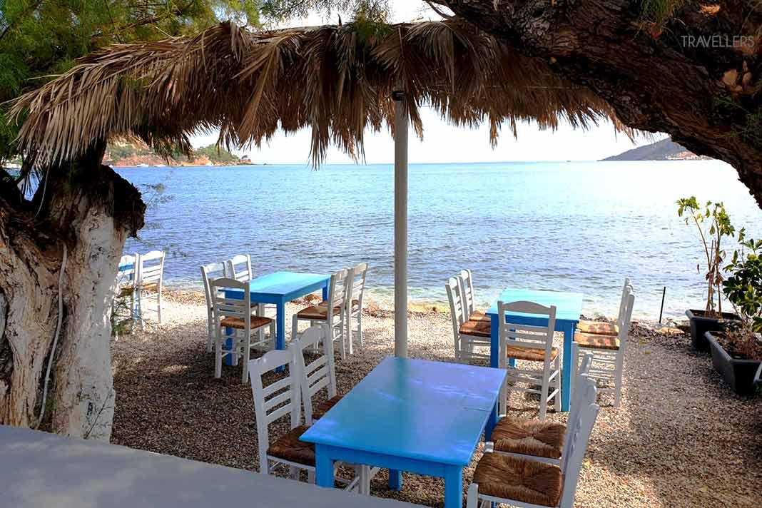Des tables et des chaises sont placées sous un arbre sur la plage d'Alinda