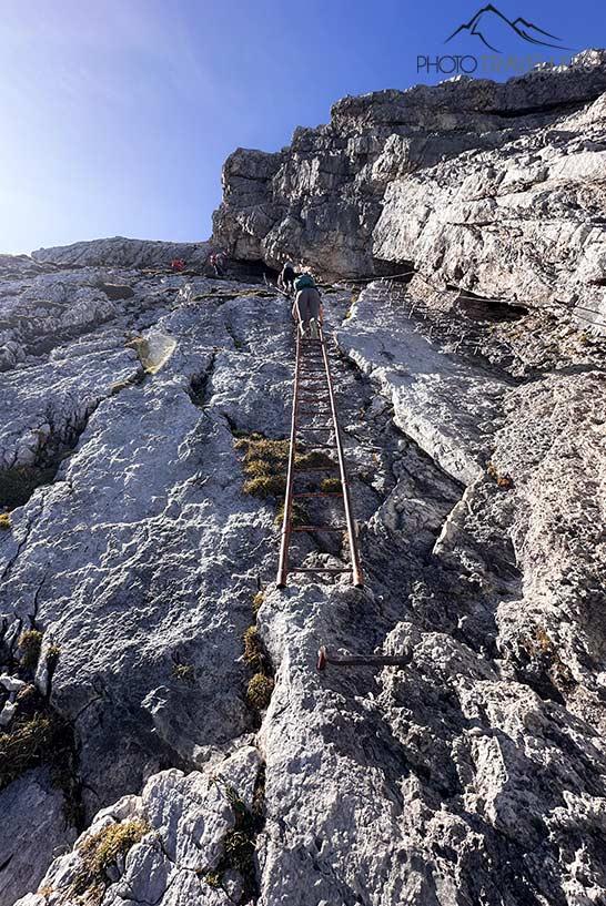 Blogueuse de voyages Biggi Bauer descendant la longue échelle du Nordwandsteig