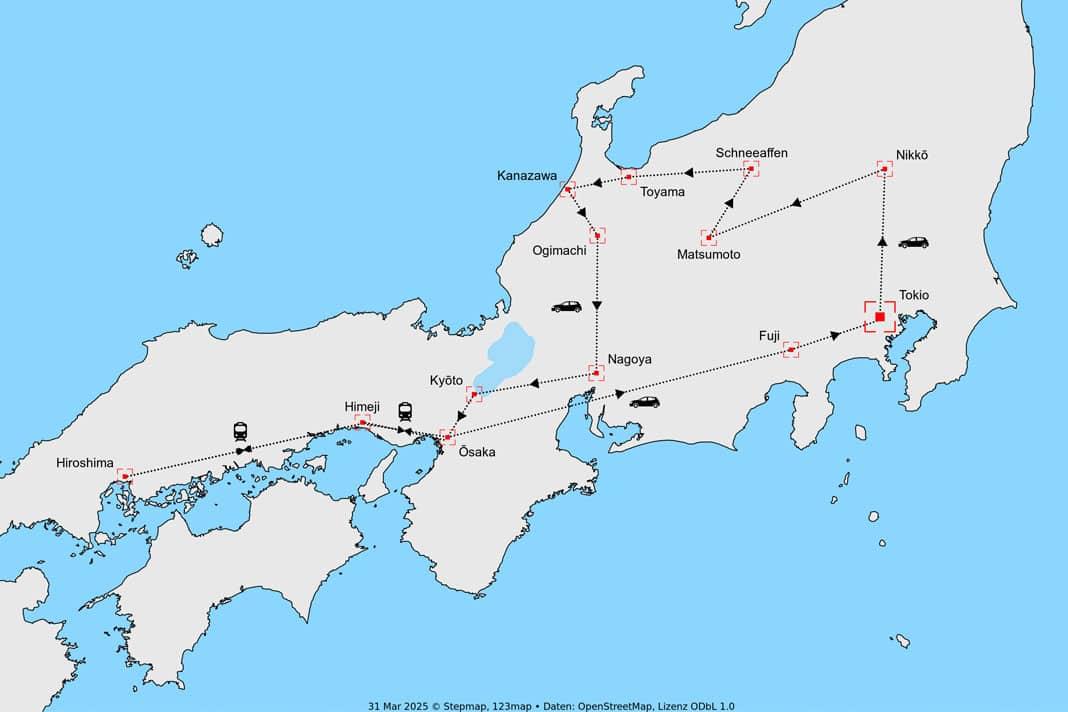 Map of a 3-week trip through Japan
