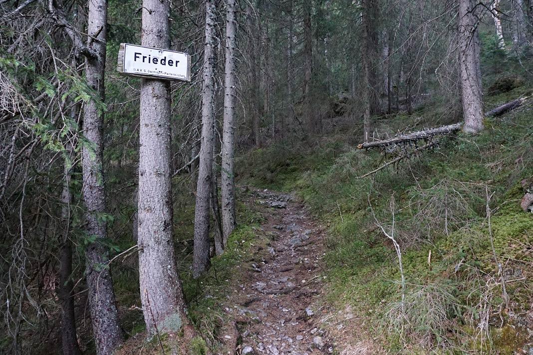 Un panneau directionnel sur un arbre vers le Frieder