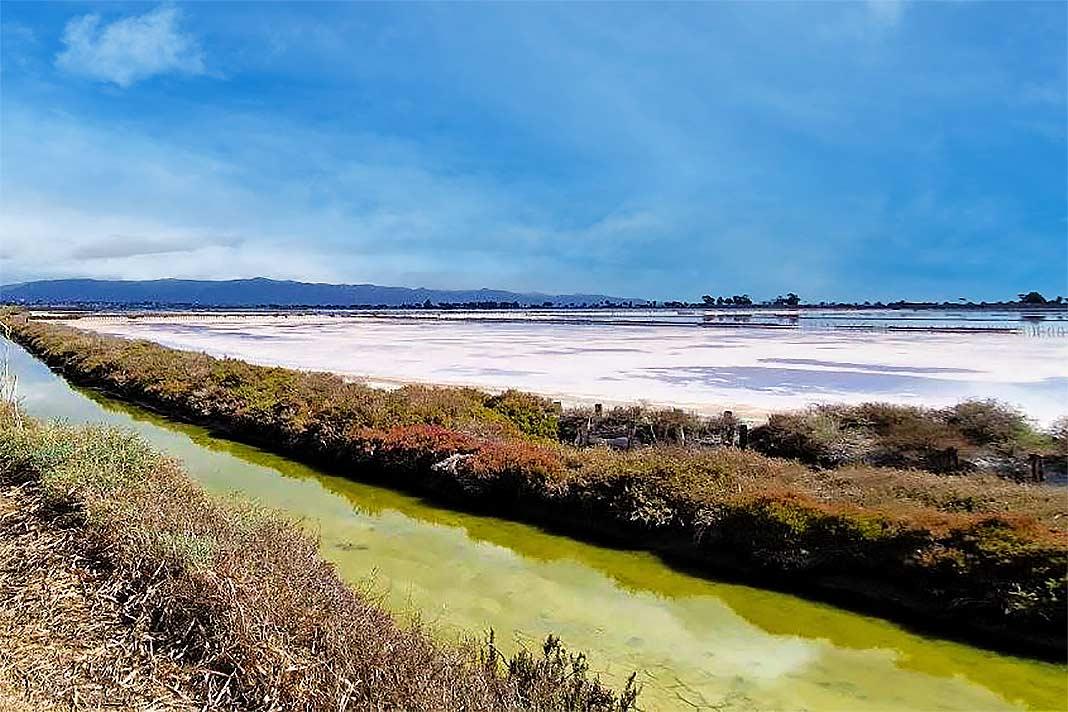 Un canal avec de l'eau verdâtre coule devant les grandes cuves des salines du parc naturel de Cagliari