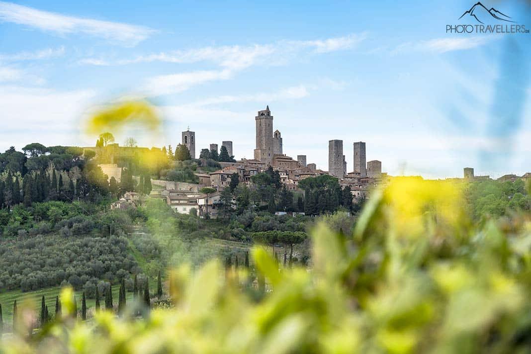 A vista através de flores coloridas para as torres de San Gimignano
