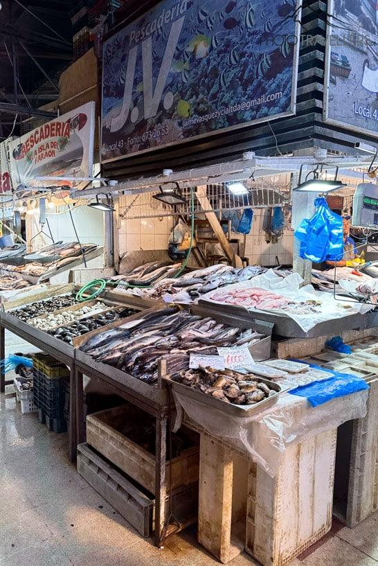 Uma barraca de peixe no Mercado Central em Santiago do Chile