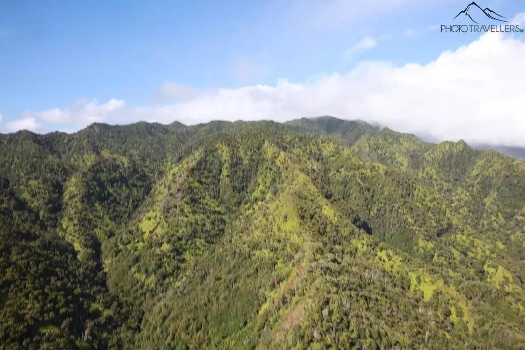 Uma foto tremida dos verdes montes do Havai tirada do ar