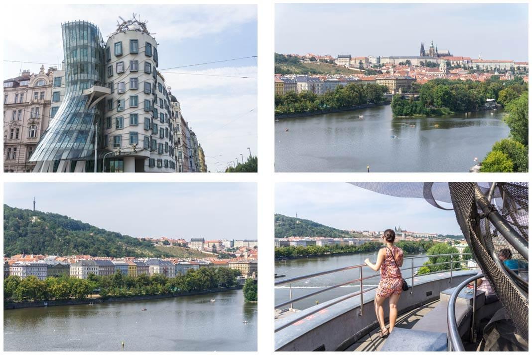 Quatro imagens da Casa Dançante em Praga, incluindo a vista do terraço