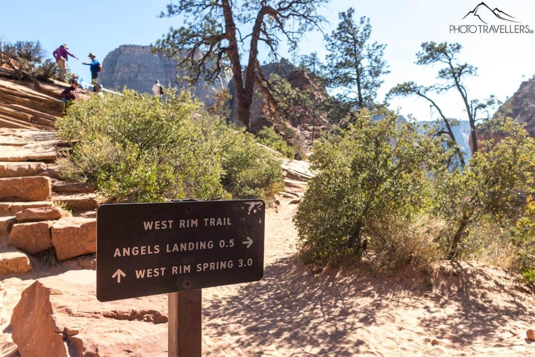 Un panneau indicateur à Scout's Overlook vers Angels Landing