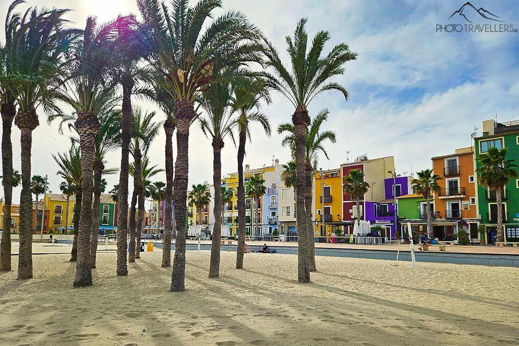 Les maisons colorées de Villajoyosa forment un joli contraste avec les palmiers sur la plage de sable