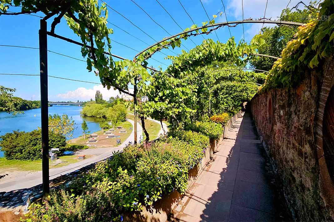 Os alpendres acima do Main cobrem os caminhos do jardim do castelo