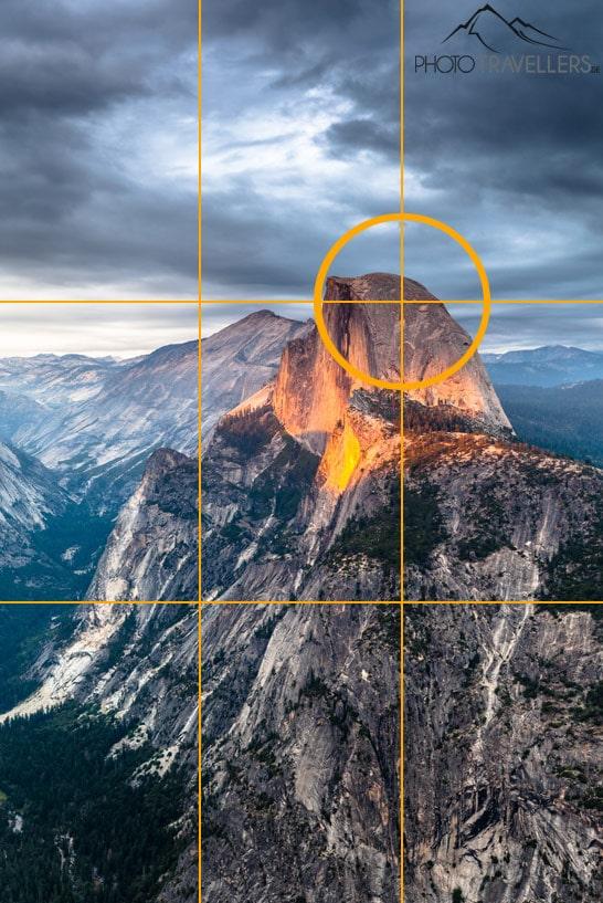 La règle des tiers illustrée sur un sommet de montagne illuminé