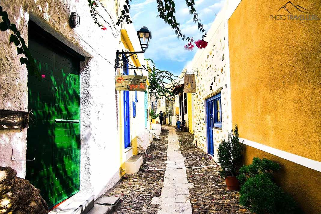 Ruelles pavées, style architectural cycladique et plantes colorées caractérisent le paysage d'Ano Syros