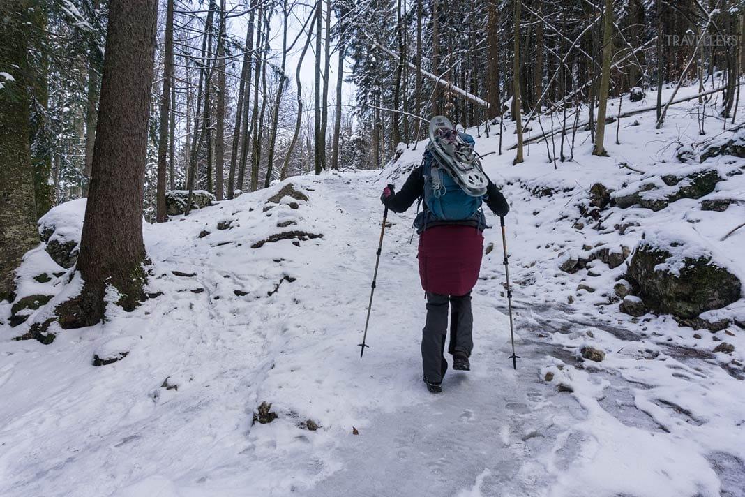 La blogueuse voyageuse Biggi Bauer marche à travers une forêt de montagne enneigée avec des raquettes à neige sur le dos