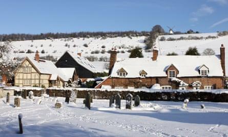 Cobstone Windmill above Turville village in snow, Chiltern Hills, Buckinghamshire,